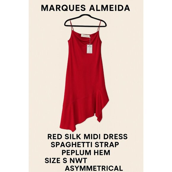 Marques Almeida Red Silk Spaghetti Strap Dress Peplum Hem Size S NWT Asymmetrica - Picture 1 of 9